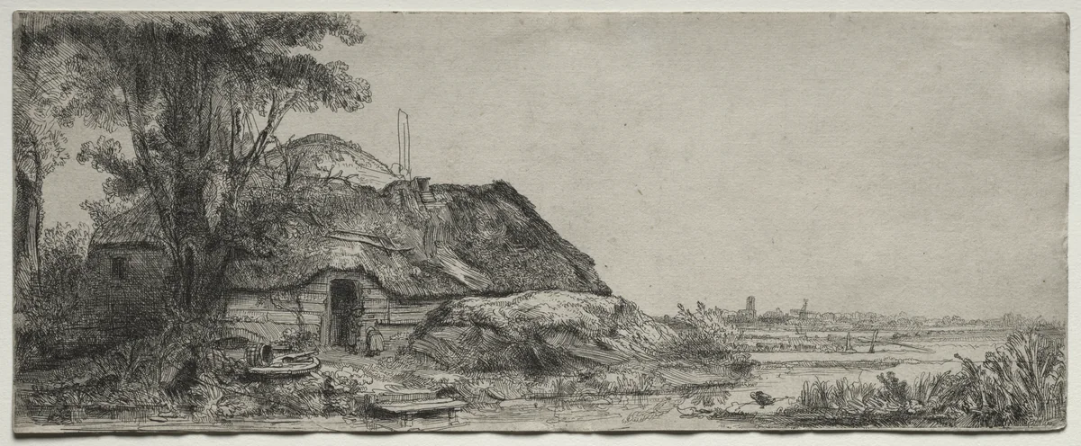 Landscape with a Cottage and a Large Tree by Rembrandt van Rijn, print, 1641