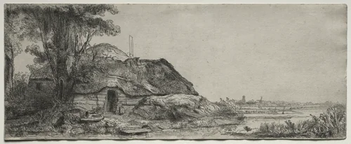 Landscape with a Cottage and a Large Tree by Rembrandt van Rijn, print, 1641