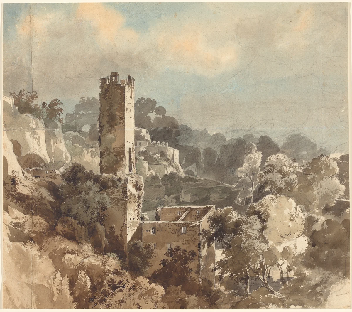 Ruins of a Fortified Tower among Wooded Hills by Friedrich Salathé, drawing, 1816-1821