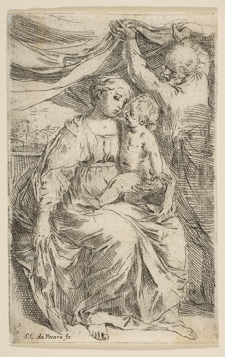 Holy Family with a curtain by Simone Cantarini, print, 1635-1645