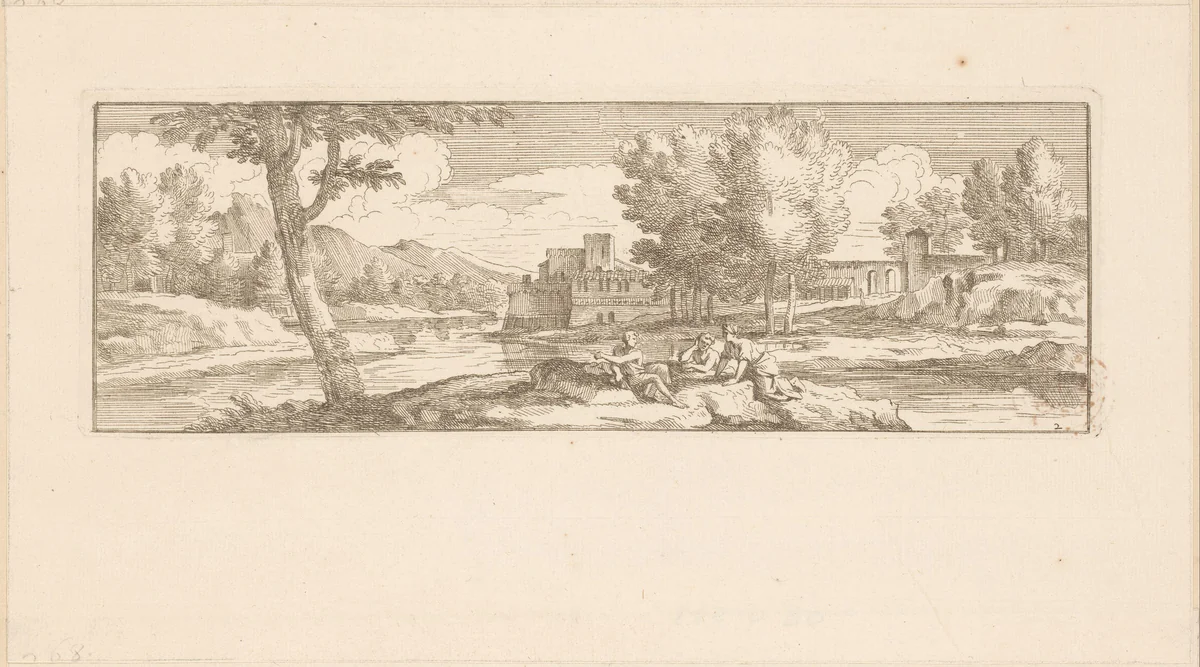 Rivierlandschap met drie rustende figuren by Gérard Audran, print, 1650-1703