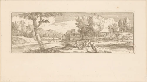 Rivierlandschap met drie rustende figuren by Gérard Audran, print, 1650-1703