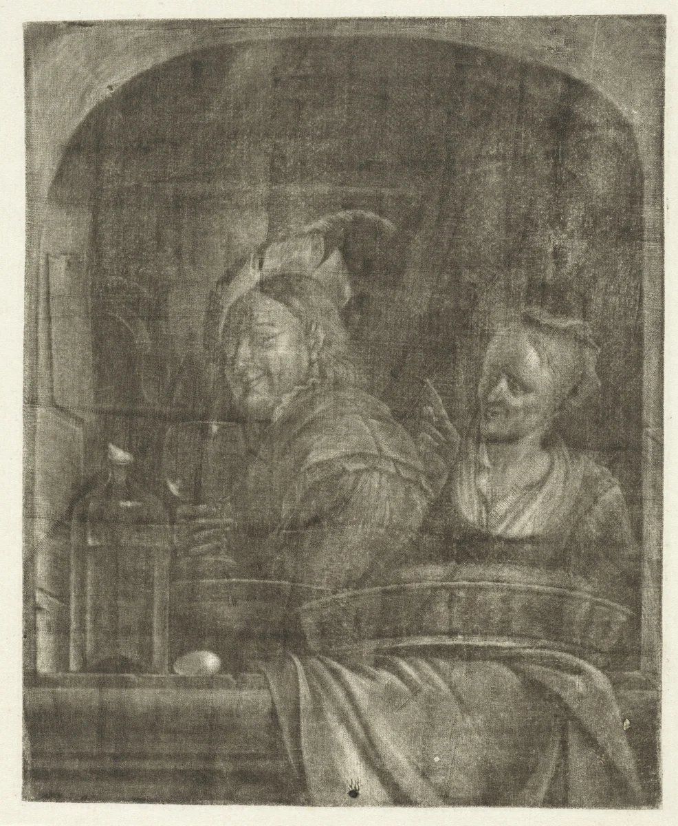 Man en vrouw in een venster by Aert Schouman, print, 1720-1792