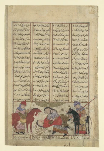 "Kai Khusrau Wrestles with Shida", Folio from a Shahnama (Book of Kings) by Abu'l Qasim Firdausi, manuscript, 1305-1365