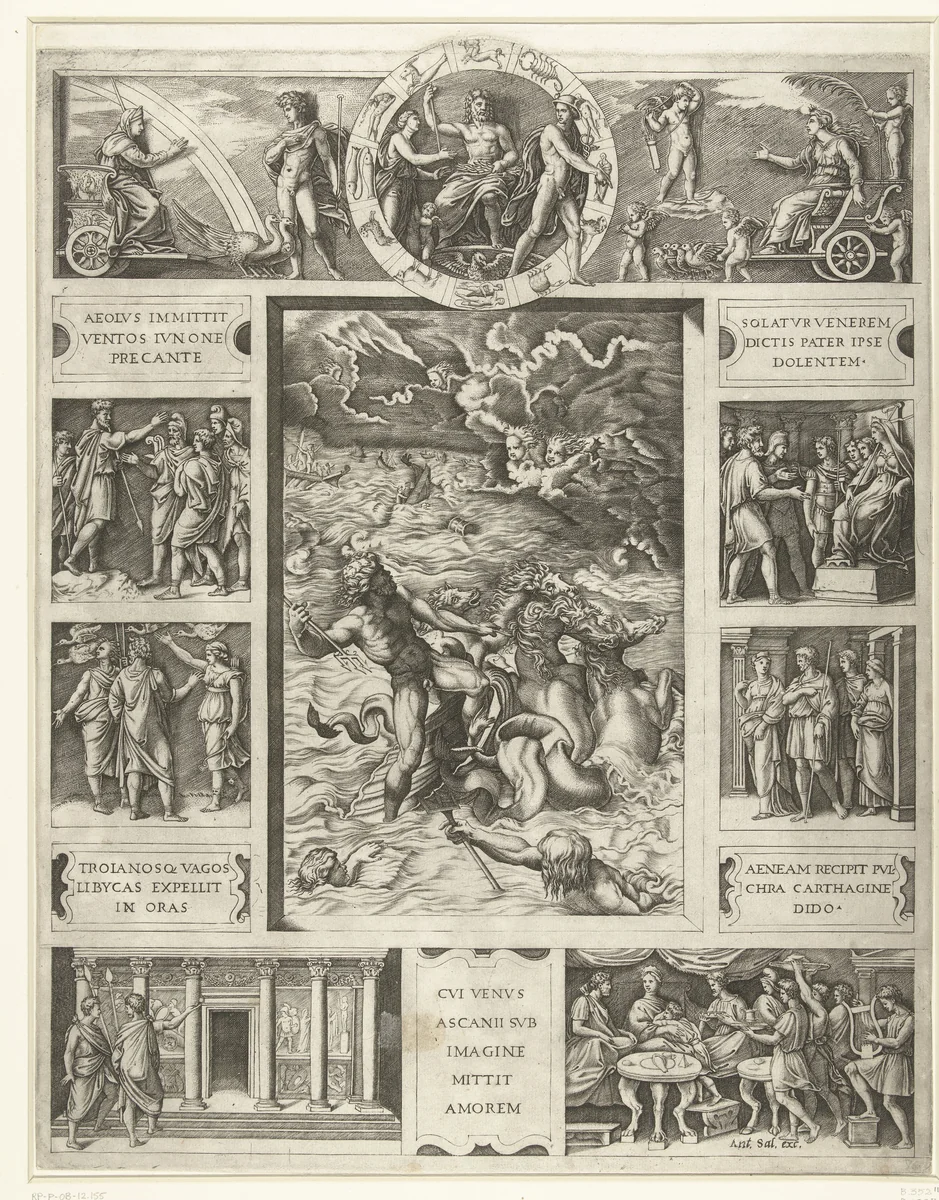 Jupiter bedaart de storm op zee in rechthoekige omlijsting met negen scènes uit epos Aeneis by Marcantonio Raimondi, print, 1515-1516