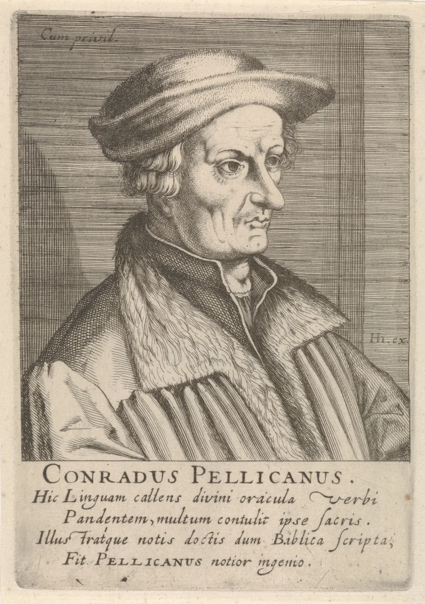 Portret van Conrad Pellican by Simon Frisius, print, 1610