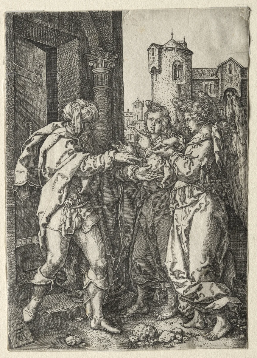 The Story of Lot: Lot Welcomes the Angels by Heinrich Aldegrever, print, 1555