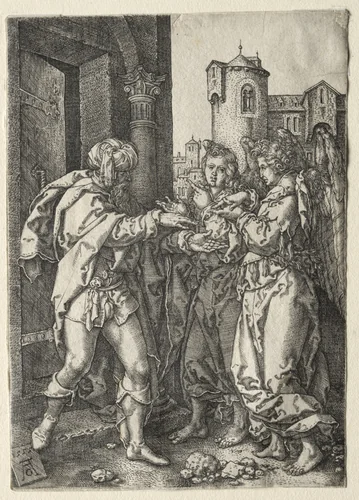 The Story of Lot: Lot Welcomes the Angels by Heinrich Aldegrever, print, 1555