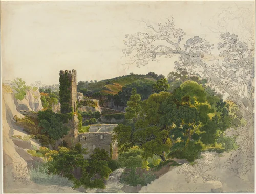 Ruins of a Fortified Tower among Wooded Hills by Friedrich Salathé, drawing, 1816-1821