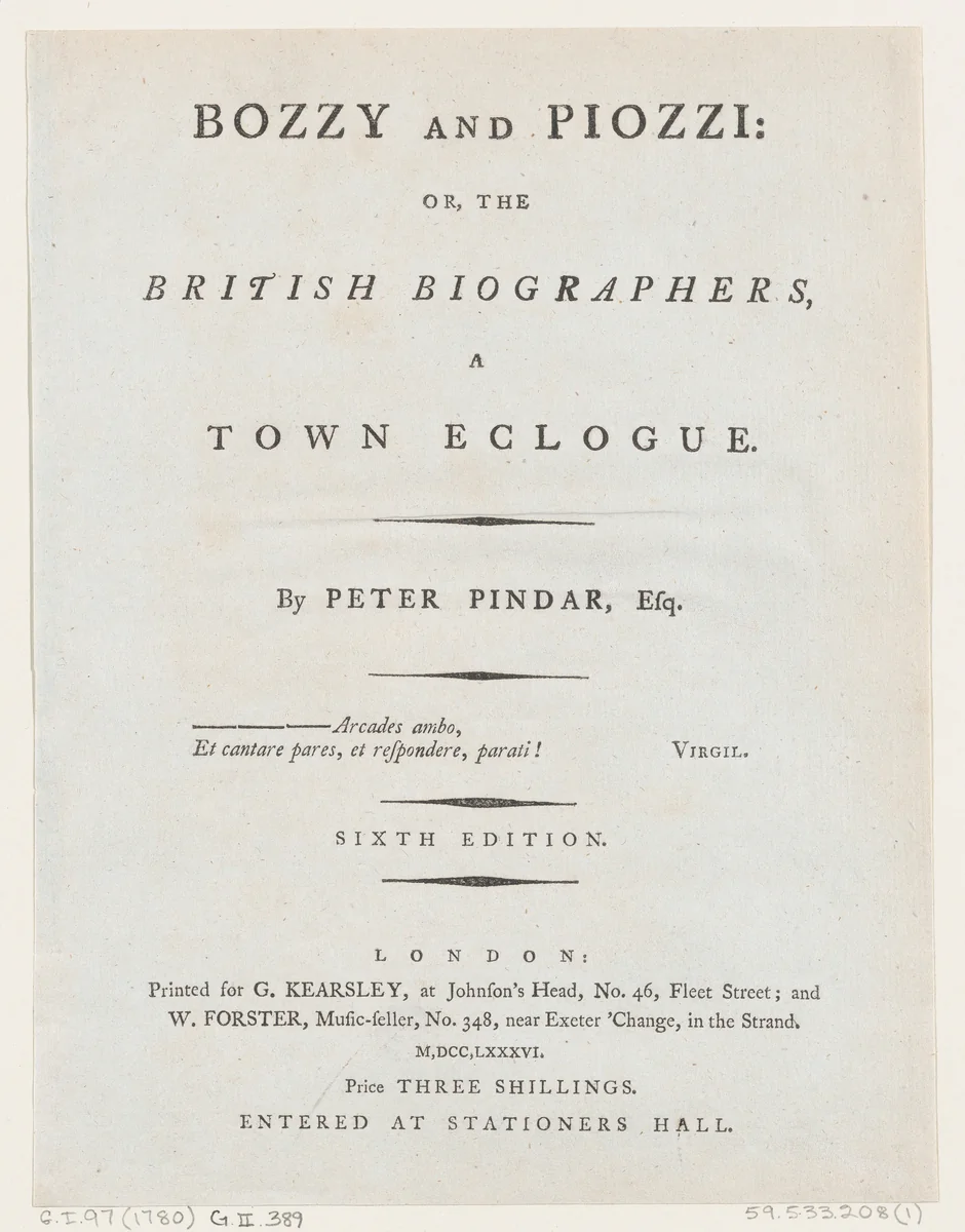 Title Page, from Bozzy and Piozzi by Peter Pindar, Esq. by George Kearsley, print, 1787