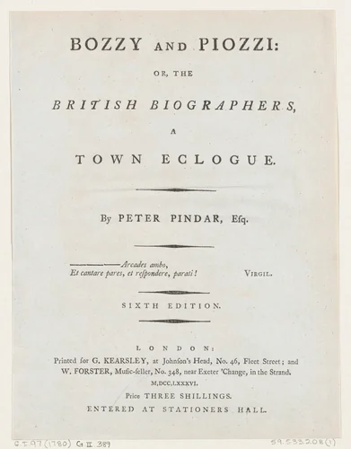 Title Page, from Bozzy and Piozzi by Peter Pindar, Esq. by George Kearsley, print, 1787