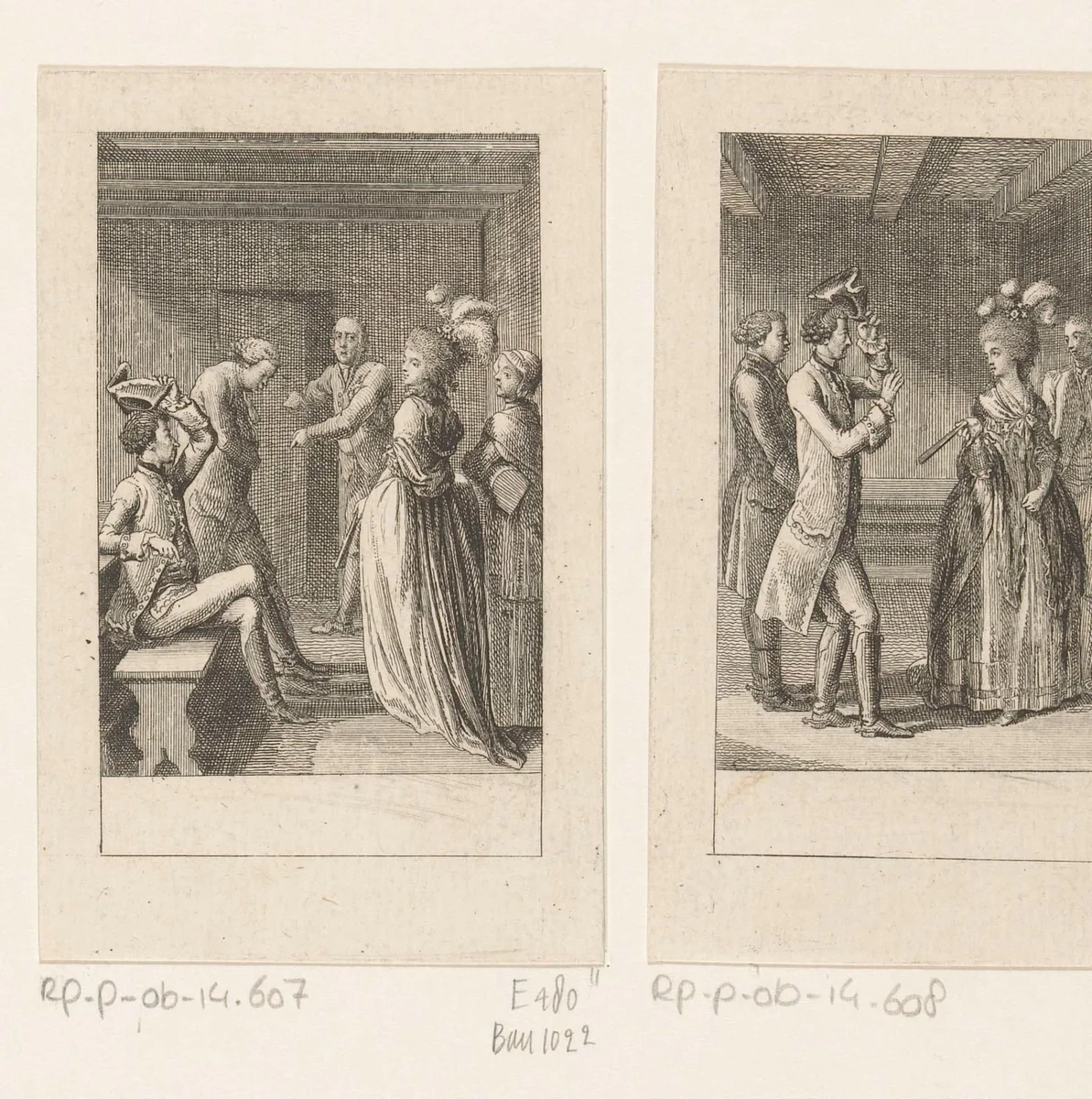 Jonkheer Siegfried ontmoet door een misverstand de Barones van Wellenthal by Daniel Nikolaus Chodowiecki, print, 1783