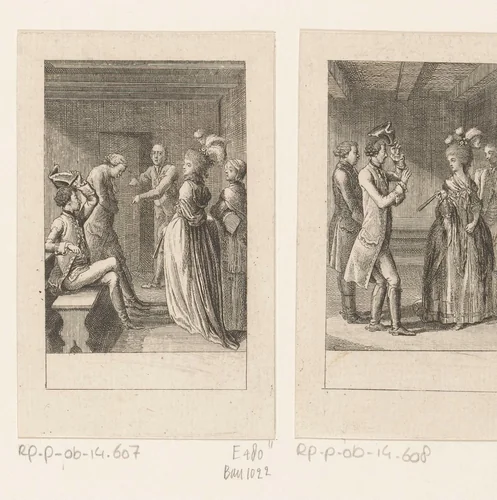 Jonkheer Siegfried ontmoet door een misverstand de Barones van Wellenthal by Daniel Nikolaus Chodowiecki, print, 1783