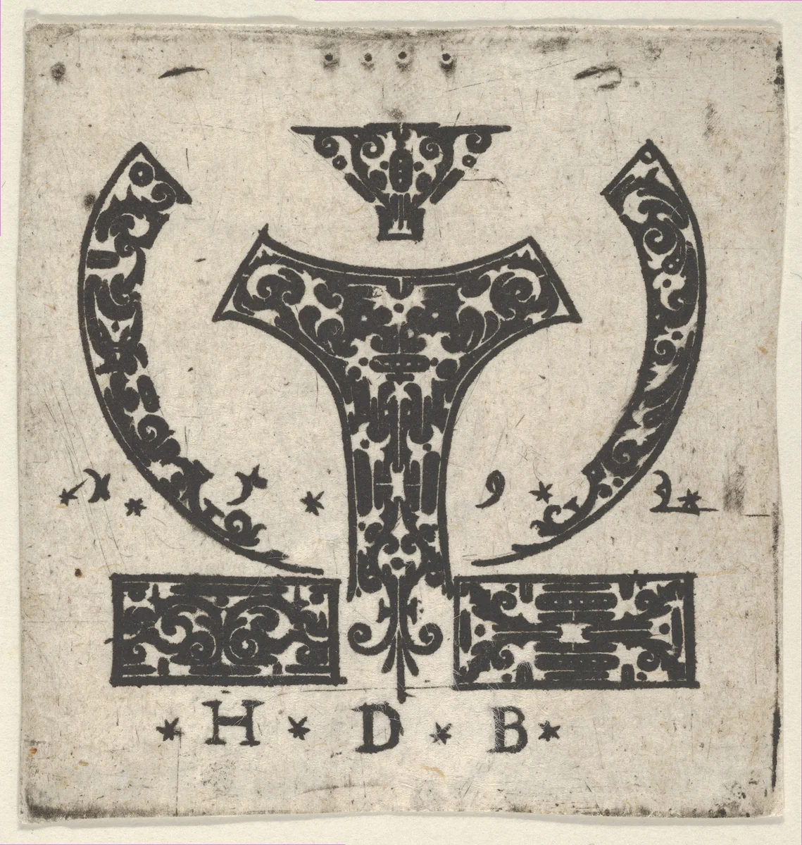 Blackwork Print with Two Horizontal Panels Below a Pair of Lunar-Shaped Fillets with Two Motifs at Center by Hans de Bull, print, 1592