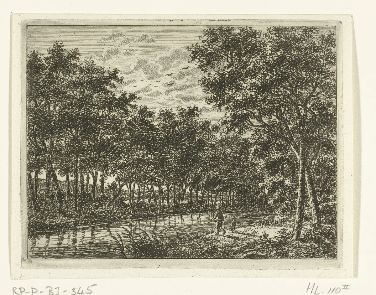 Rivierlandschap met visser en jongetje by Ernst Willem Jan Bagelaar, print, 1798-1837