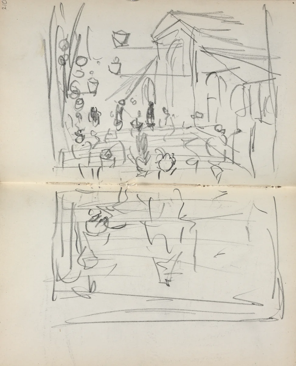 Italian Sketchbook: Bridge with Figures (page 209 & 210) by Maurice Prendergast, book, 1898-1899