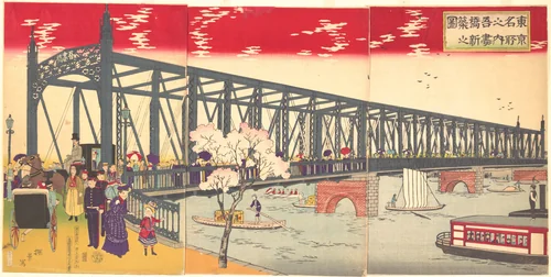 Illustration of the Opening of Azuma Bridge in Tokyo (Tokyo meisho no uchi azuma bashi shinchiku no zu) by Inoue Yasuji, print, 1887