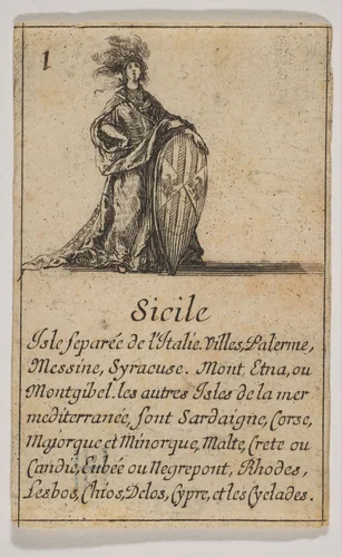 Sicile, from "Jeu de la Géographie" by Stefano della Bella, print, 1644