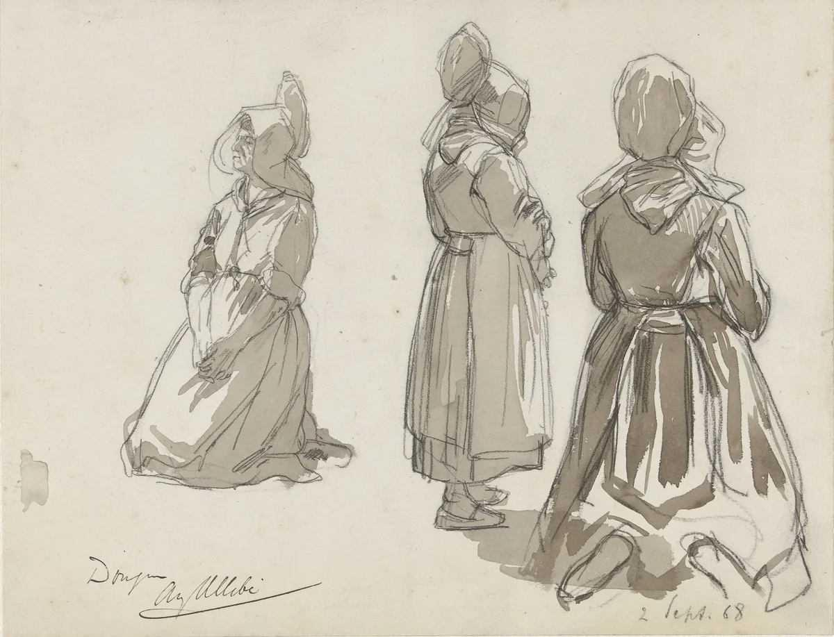 Studies van een knielende en staande boerin by August Allebé, drawing, 1868