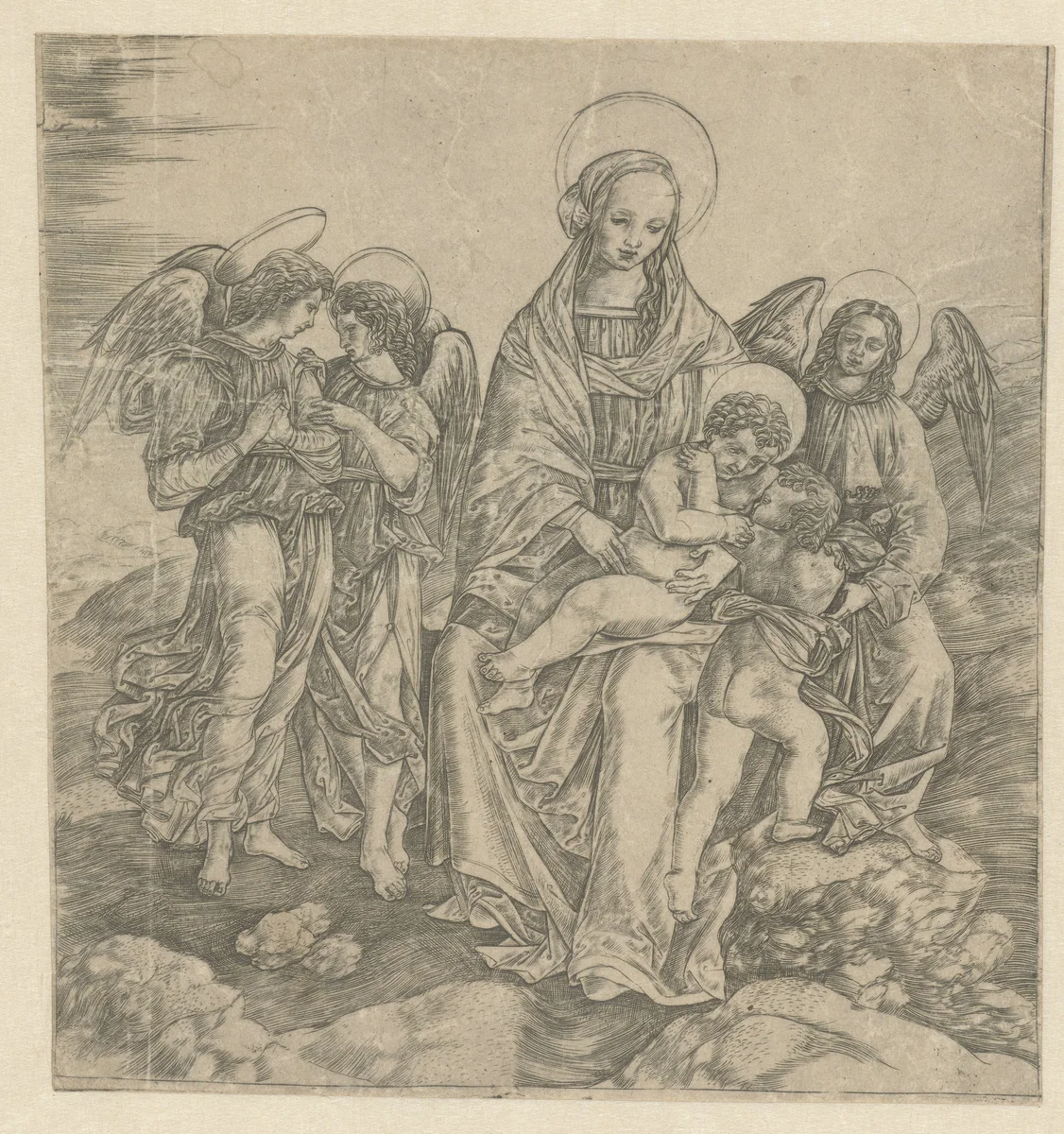 Maria met kind en Johannes de Doper en drie engelen by Christoforo di Michele Robetta, print, 1500-1520