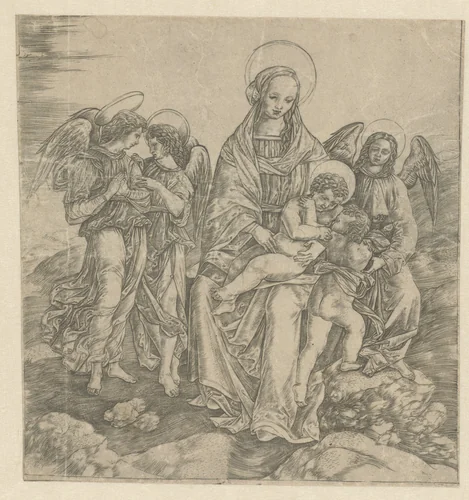Maria met kind en Johannes de Doper en drie engelen by Christoforo di Michele Robetta, print, 1500-1520