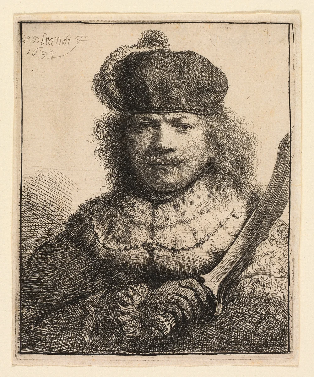 Self-Portrait with Raised Sabre by Rembrandt van Rijn, print, 1634