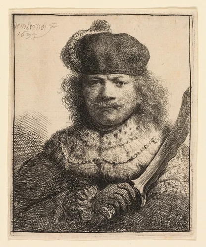 Self-Portrait with Raised Sabre by Rembrandt van Rijn, print, 1634