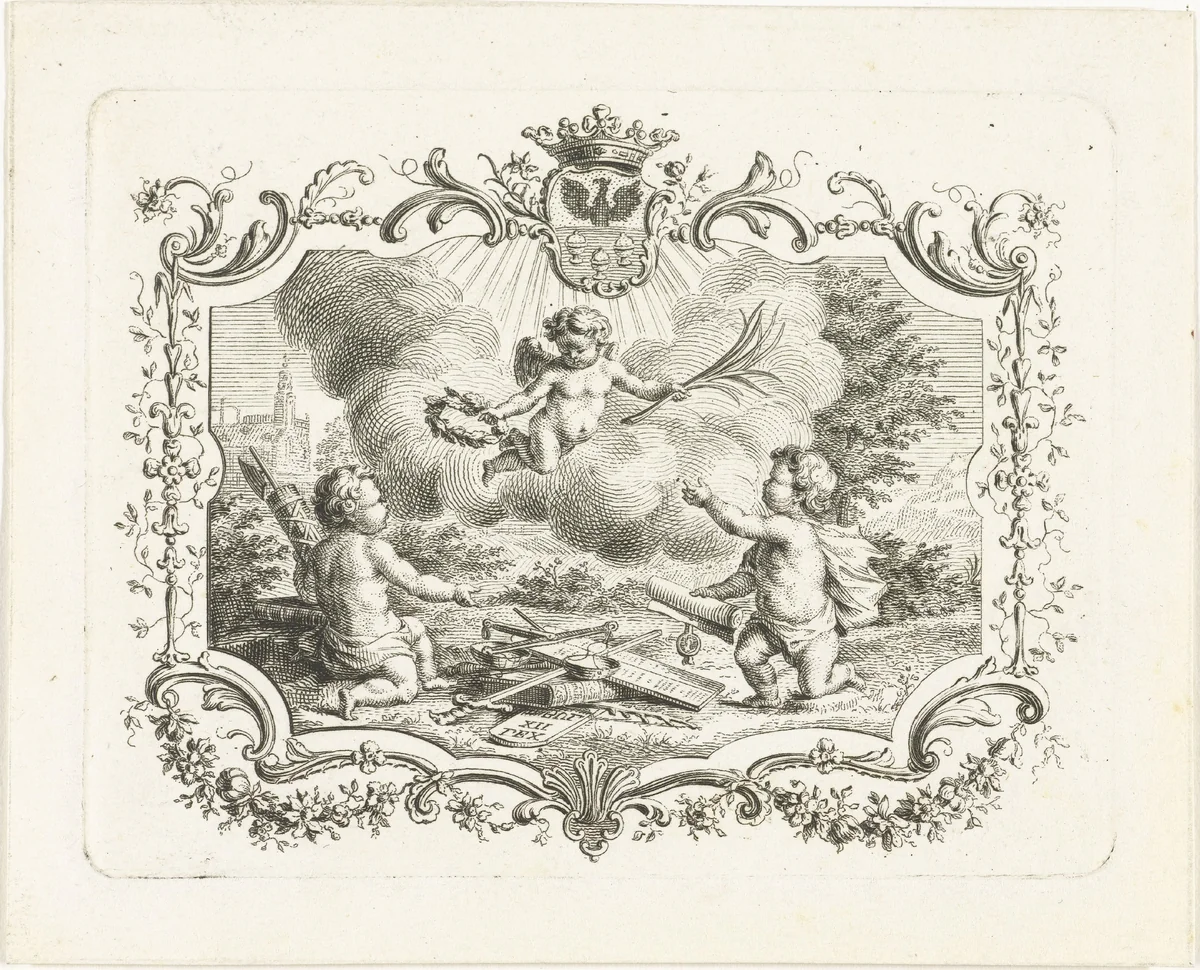 Allegorie op vrede met drie putti in cartouche by Abraham Delfos, print, 1741-1820