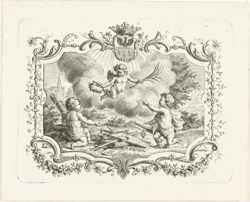 Allegorie op vrede met drie putti in cartouche by Abraham Delfos, print, 1741-1820