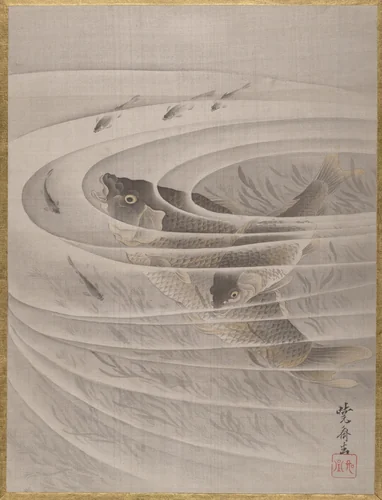 Fish in a Whirlpool by Kawanabe Kyōsai (河鍋暁斎), painting, 1877-1897