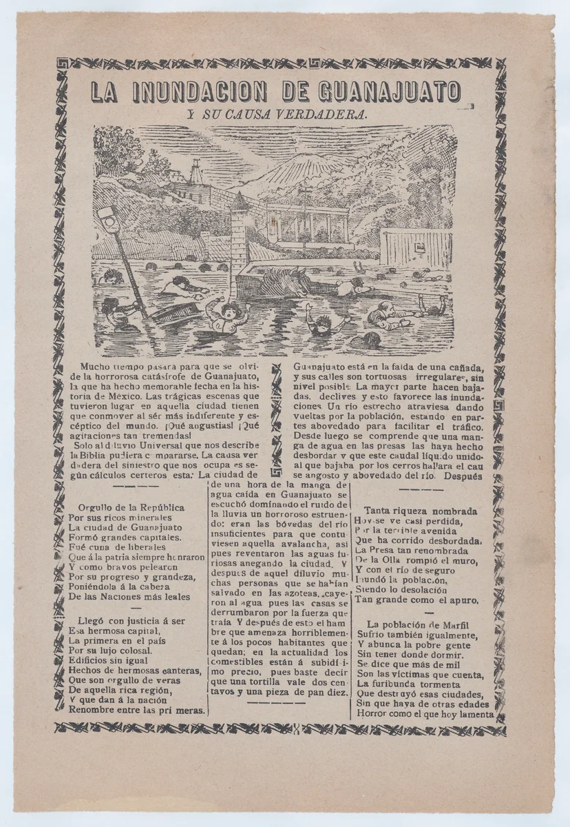 Broadsheet relating to a news story about the cause of a flood in Guanajuato, townspeople drowning by José Guadalupe Posada, print, 1900-1910