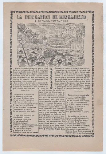 Broadsheet relating to a news story about the cause of a flood in Guanajuato, townspeople drowning by José Guadalupe Posada, print, 1900-1910