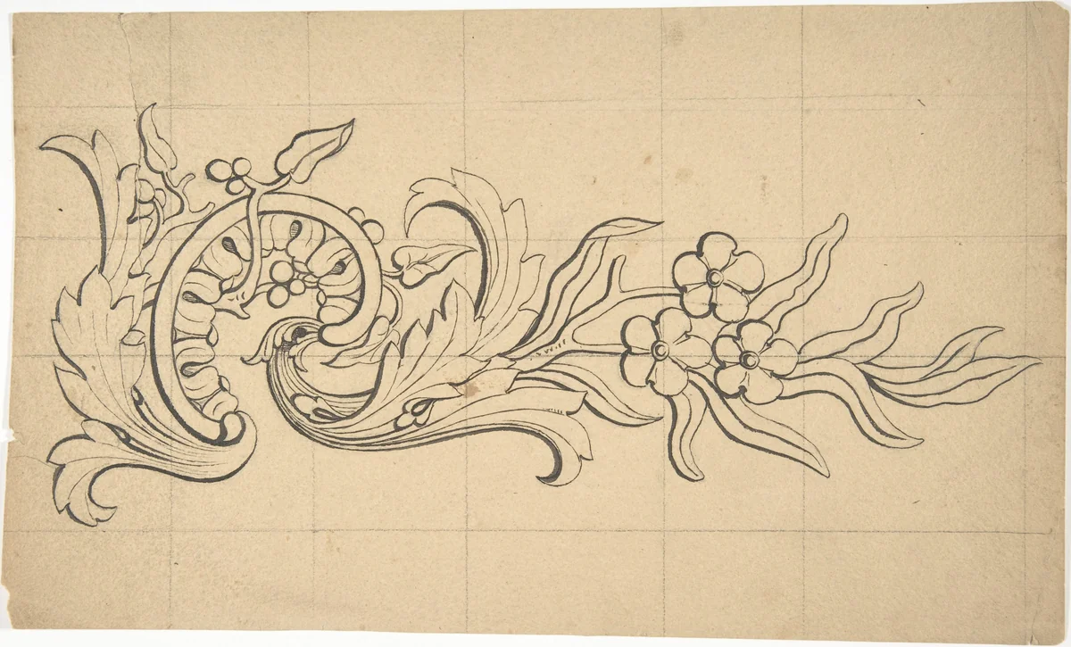 Designs for borders and corners, acanthus by Robert William Hume, drawing, 1830-1904