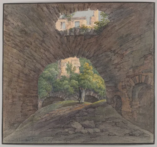 A Young Couple Viewing Ruins near Bingen by Christian Georg Schütz, drawing, 1801