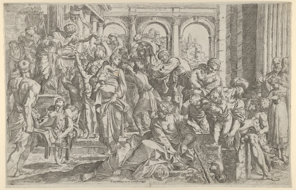 Saint Roch at left distributing alms to a group of people gathered around him by Francesco Brizio, print, 1590-1600