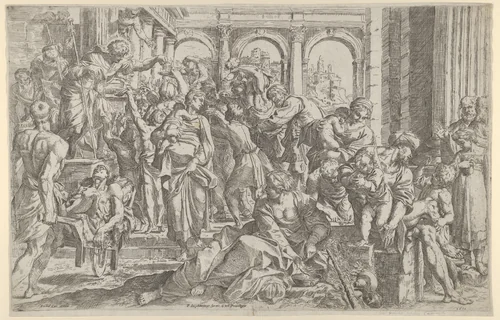 Saint Roch at left distributing alms to a group of people gathered around him by Francesco Brizio, print, 1590-1600