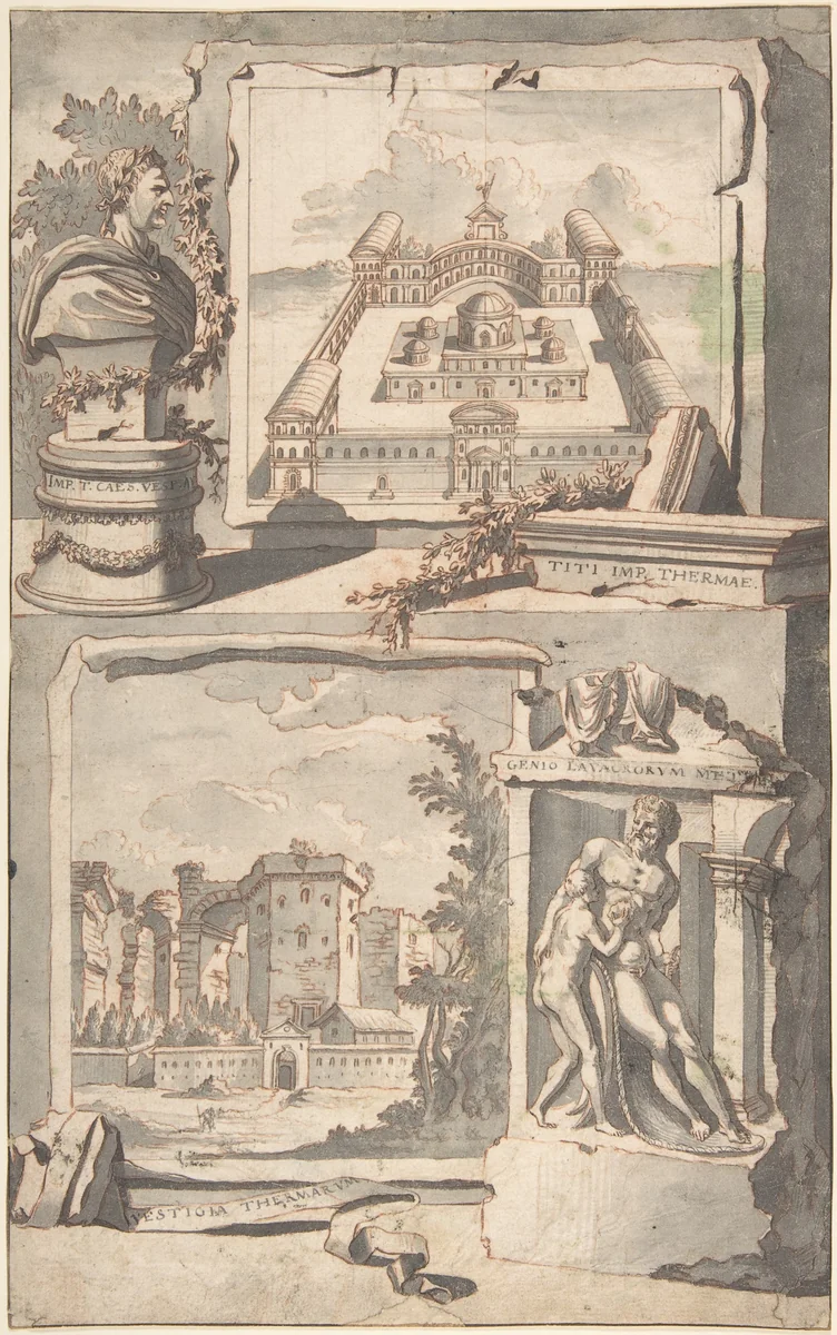 Reconstruction of the Thermae of Titus (above) and a View of the Ruins (below) by Jan Goeree, drawing, 1690-1704