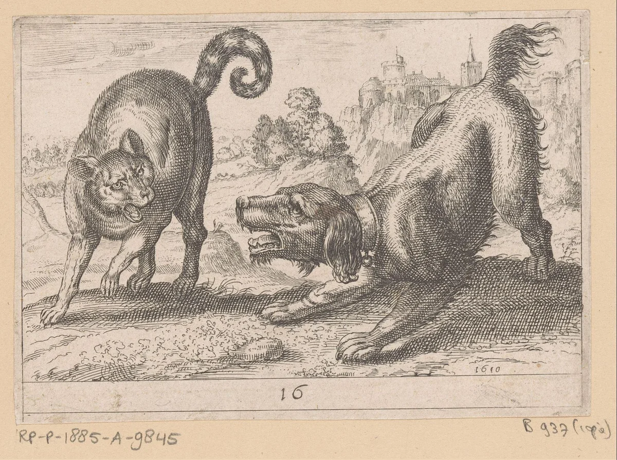 Een hond vechtend met een kat by anonymous, print, 1610