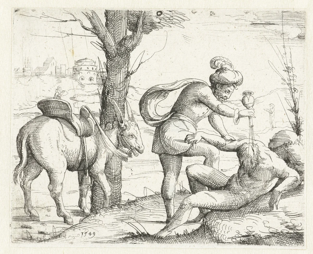 Barmhartige Samaritaan by Augustin Hirschvogel, print, 1549