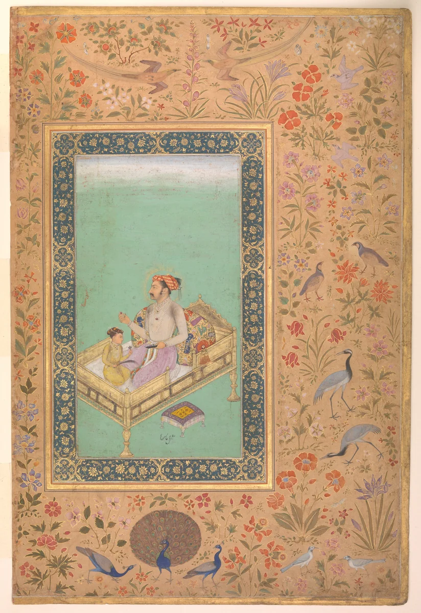 "The Emperor Shah Jahan with his Son Dara Shikoh", Folio from the Shah Jahan Album by Nanha, manuscript, 1505-1645