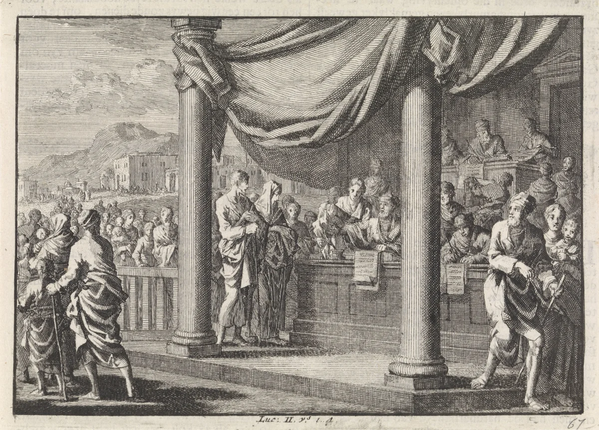 Maria en Jozef bij de volkstelling in Bethlehem by Jan Luyken, print, 1703-1762