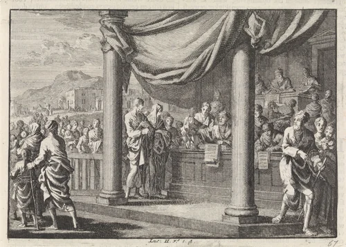 Maria en Jozef bij de volkstelling in Bethlehem by Jan Luyken, print, 1703-1762