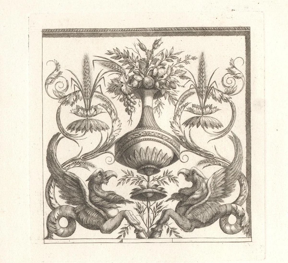 Ornament met twee griffioenen aan weerszijden van een vaas by anonymous, print, 1802