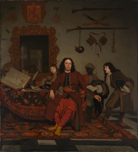 Thomas Hees and his Servant Thomas and Nephews Jan and Andries Hees by Michiel van Musscher, painting, 1687