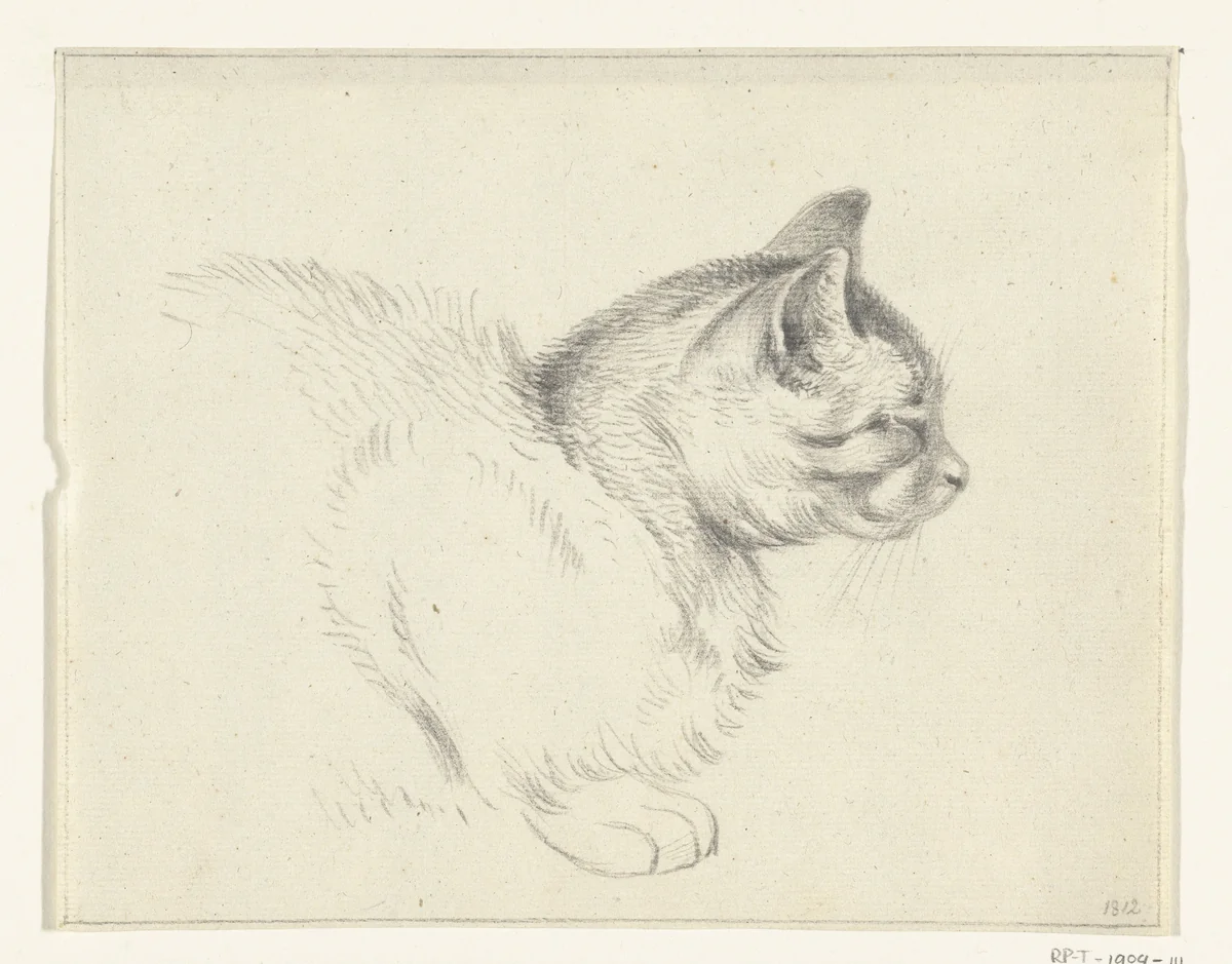Liggende kat, naar rechts by Jean Bernard, drawing, 1812