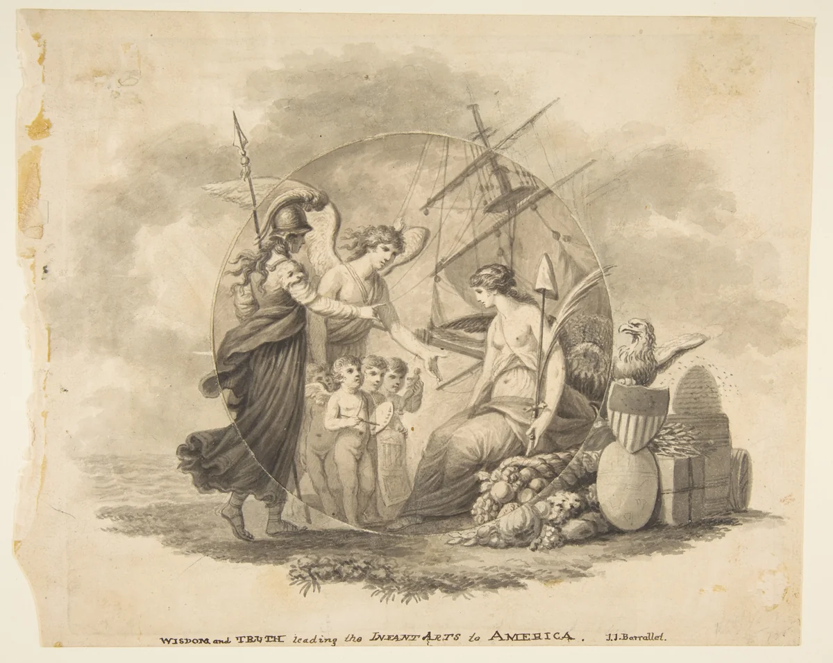 Allegories of Wisdom and Truth Leading the Infant Arts to America by John James Barralet, drawing, 1796