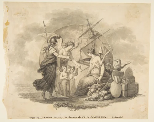 Allegories of Wisdom and Truth Leading the Infant Arts to America by John James Barralet, drawing, 1796