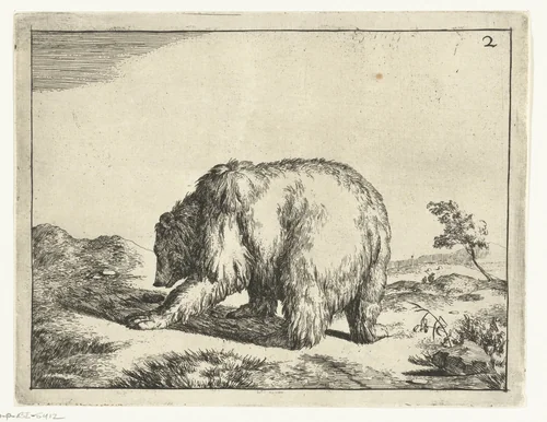 Staande beer, van achter gezien by Marcus de Bye, print, 1664