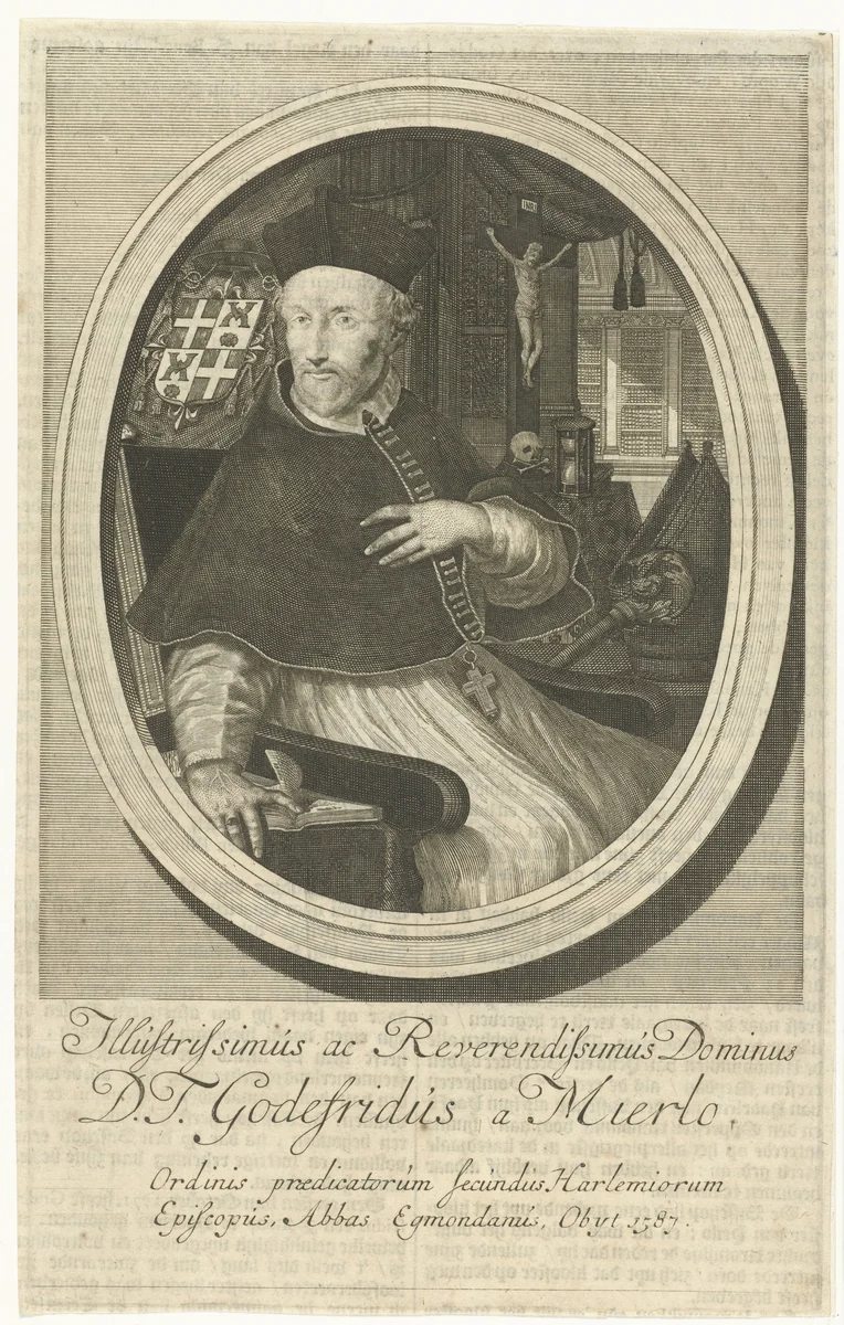 Portret van Godfried van Mierlo, bisschop van Haarlem by François van Bleyswijck, print, 1681-1726