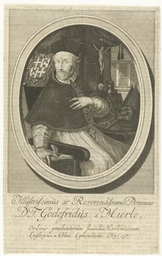 Portret van Godfried van Mierlo, bisschop van Haarlem by François van Bleyswijck, print, 1681-1726